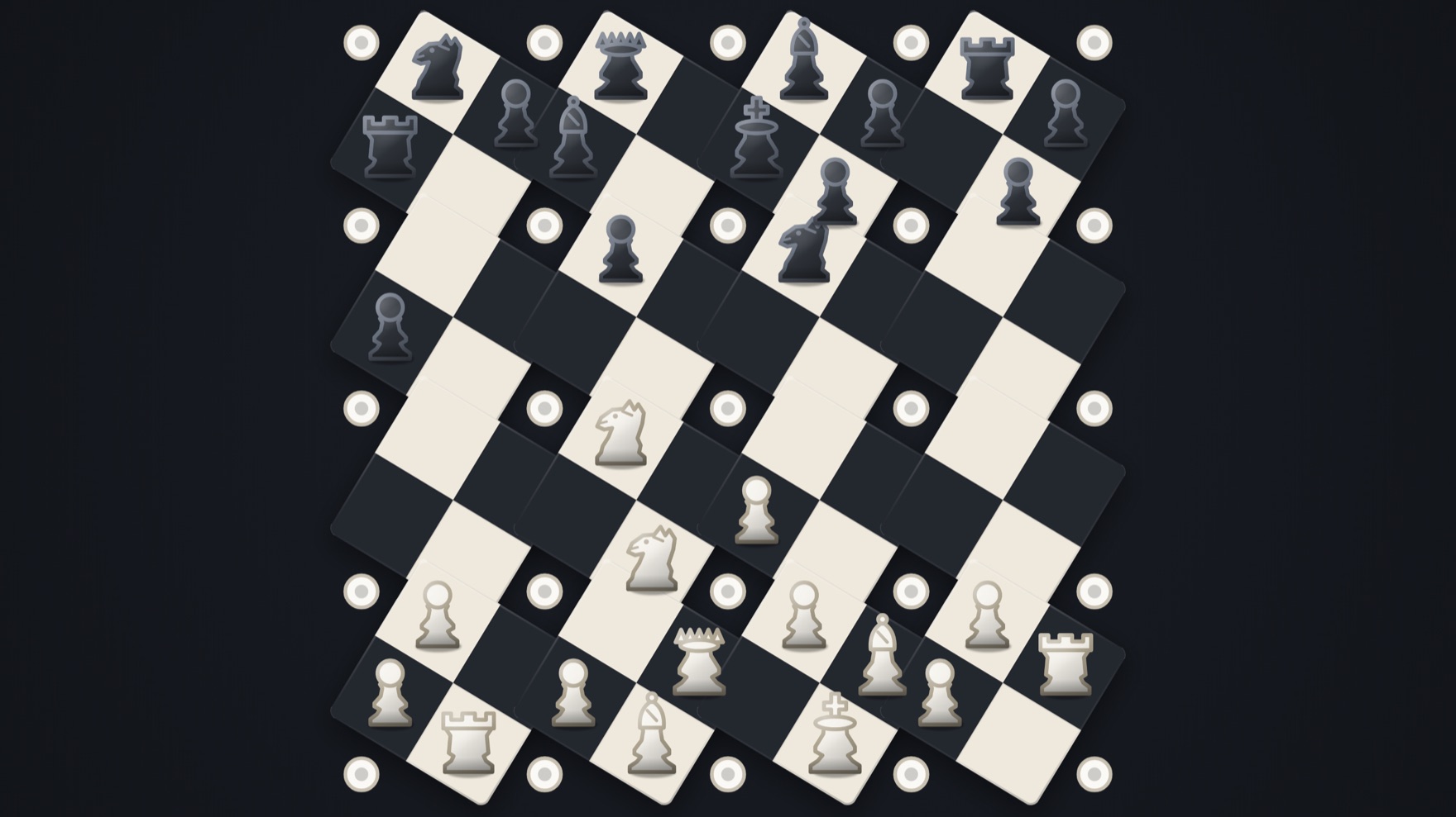 Chess board whose sixteen 2x2 blocks are caught mid-rotation, pieces swinging round with them