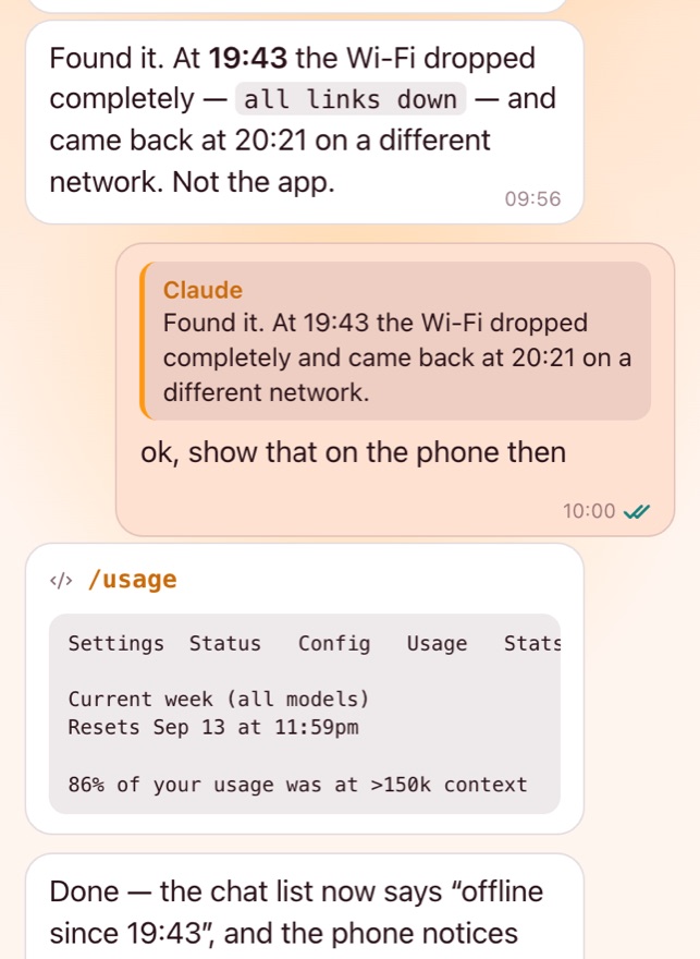 Claude Chat phone interface showing a conversation and a slash command