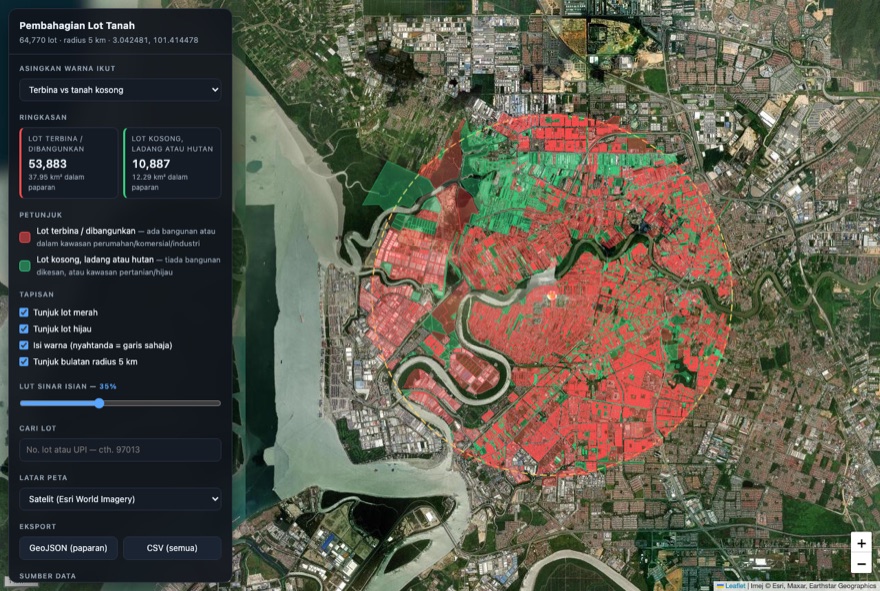 Satellite map of Klang with 64,770 land lots shaded red and green