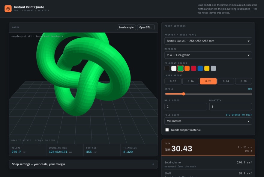 Print Quote app showing a green torus knot and a RM30.43 estimate