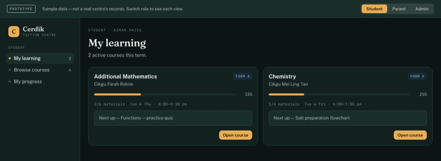 Cerdik tuition platform dashboard showing two course cards